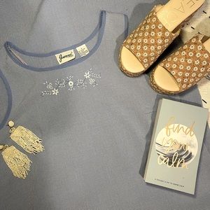 🦋Women’s Vintage Grandmacore Baby Blue Check Tank Dress w Floral Appliqué Large